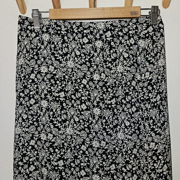 Talbots Petites 100% Silk Black White Floral Midi Skirt Size 10P Lined Side Slit - Picture 10 of 14